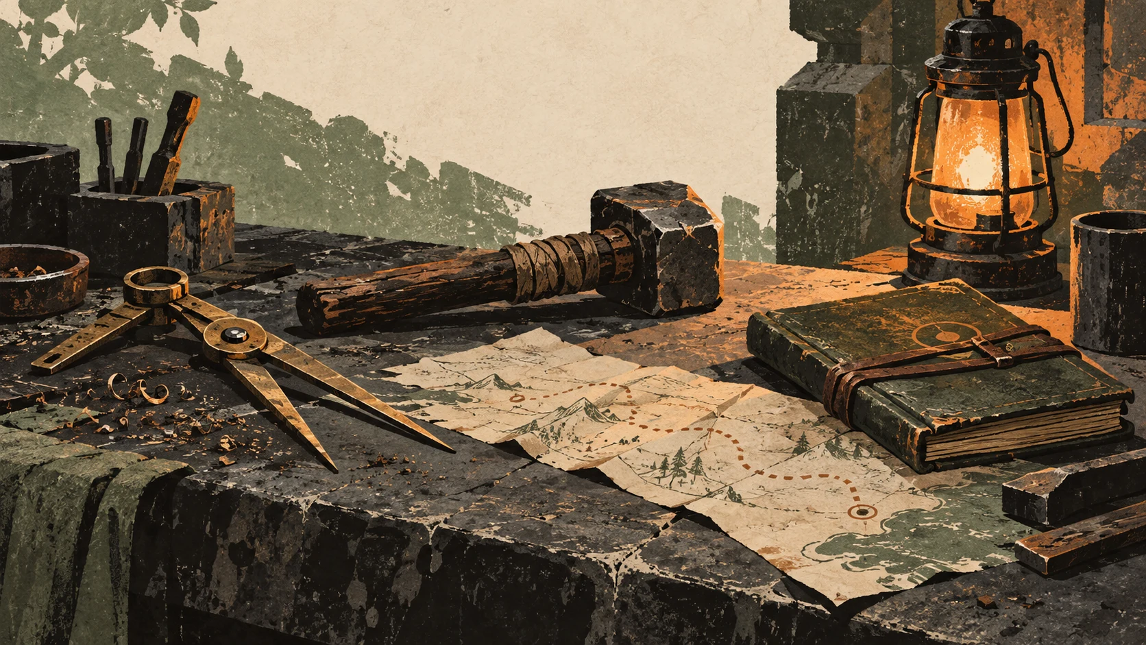 A lantern illuminates a map, compass, hammer, and worn journal on a stone workbench